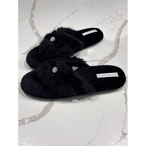 Jessica McClintock Black Faux Fur Slide Slippers Jeweled Accent Size XL 9.5-10.5